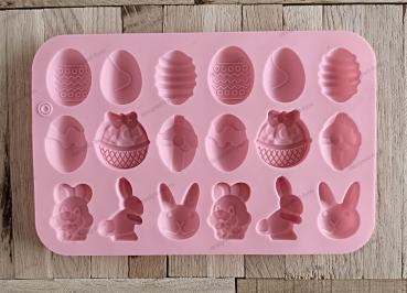 Silikon - Gießform Ostern Hase Korb Osterei 18 Formen rosa